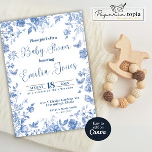 Toile de jouy-uitnodiging babyshower, afdrukbare Franse blauwe bloemen uitnodigingskaartcanvasjabloon, vintage bloemenuitnodiging, blauwe chinoiseriekaart
