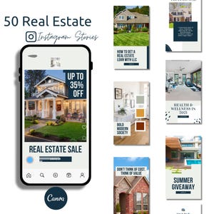 50 Instagram Story Vorlagen für Canva | Bearbeitbares Realtor Marketing Bundle | Nur Eingestellt, Verkauft, Tipps & Testimonial Stories