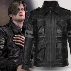 Leon Kennedy Resident Evil 6 Leather Jacket  Black Tactical Cosplay Coat for Men  Gamer-Inspired Biker Style Outfit With Grey Strips Jacket