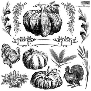 May include: Black and white illustration featuring pumpkins, turkeys, wheat, and floral elements. A banner with text is also included. The image is a collection of autumn-themed graphics, perfect for seasonal crafts and designs.