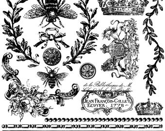 Puede incluir: Una colección de ilustraciones gráficas en blanco y negro que incluye dos abejas, coronas de laurel, dos coronas, un escudo de armas, motivos florales, bordes decorativos y el texto de la Bibliotheque de M. y JEAN FRANCOIS-GILLET, ECUYER. 1778.
