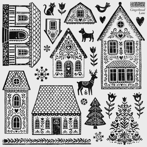 May include: A collection of black and white stamps featuring Gingerbread Lane designs, including various houses, a cat, a dog, a deer, a tree, flowers, snowflakes, and hearts. The text Gingerbread Lane is printed in the top right corner.