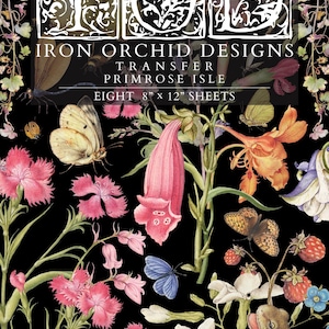 May include: A decorative transfer set titled IOD Iron Orchid Designs Primrose Isle featuring eight 8 inch by 12 inch sheets. The design displays a black background with botanical illustrations of pink flowers, strawberries, butterflies, and a frog.