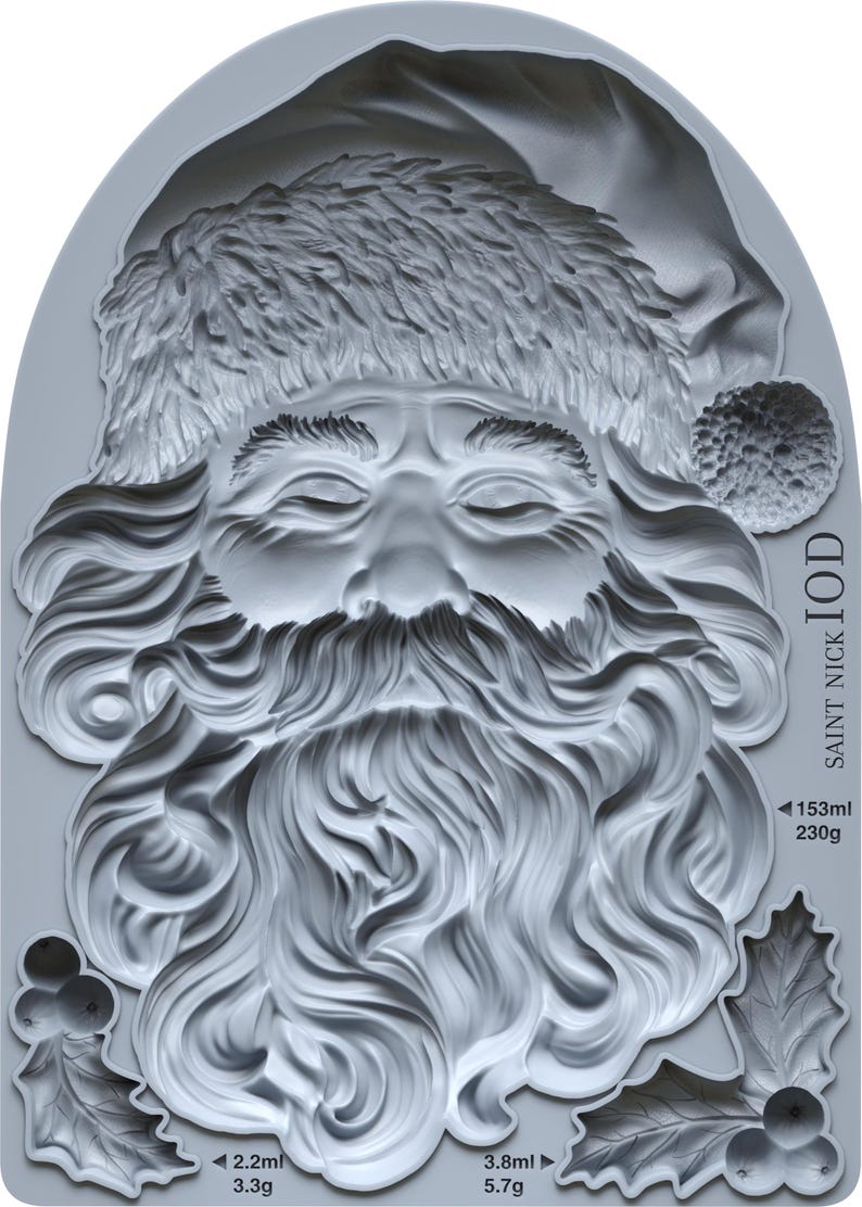 May include: A gray silicone mold featuring a detailed relief of Santa Claus's face, beard, and hat. The mold includes text that reads "SAINT NICK IOD" and measurements of 153ml and 230g. Additional measurements are also included.