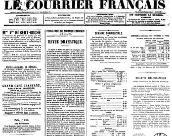 Puede incluir: Un escaneo digital en blanco y negro del periódico Le Courrier Français con fecha del lunes 8 de abril de 1850. La portada presenta columnas de texto denso en francés, varios titulares, anuncios y un pequeño sello circular abajo a la derecha.