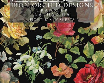 Puede incluir: Un juego de ocho hojas de transferencia Iron Orchid Designs Catharina de 8" x 12" con fondo negro, que presenta ilustraciones coloridas de rosas amarillas, rojas y naranjas, campanillas blancas, nomeolvides azules y dos pájaros pequeños.