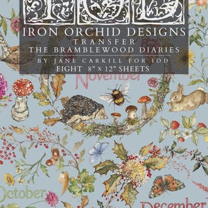 May include: A decorative transfer set titled IOD Iron Orchid Designs The Bramblewood Diaries by Jane Carkill, featuring eight 8 inch by 12 inch sheets. The design displays a light blue background with illustrations of woodland animals, insects, mushrooms, and seasonal flora.