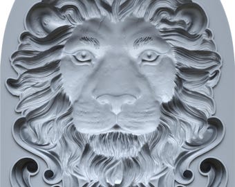 Puede incluir: Un molde de silicona gris claro con una cabeza de león detallada, una melena fluida y volutas ornamentales en la base. El molde incluye las marcas de texto: 2.7ml 4g, 118ml 177g e IOD LEONIDAS. El diseño es simétrico con un borde superior redondeado.