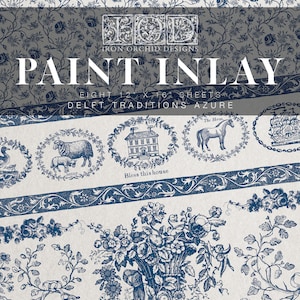 May include: Eight 12x16 inch sheets of blue and white patterned paper with a Delft design. The paper features a floral pattern, a house, a horse, and a sheep. The text "Bless this house" is printed on the paper.