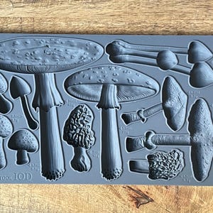 May include: A gray silicone mold with various mushroom shapes. The mold is labeled "Toadstool 10D" and includes measurements in milliliters and grams for each mushroom shape.