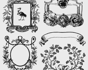 Puede incluir: Una colección de ilustraciones de arte lineal en blanco y negro que presenta un escudo heráldico con un ave, un estandarte con pensamientos y un retrato de perfil, un marco ovalado con guirnaldas florales, una cinta vacía y una corona de hojas.