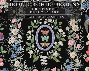 May include: Black background with floral and butterfly designs. The image includes the text "IRON ORCHID DESIGNS TRANSFER EMILY CLARE EIGHT 8" x 12" SHEETS". Decorative elements include butterflies, flowers, and ornate frames.