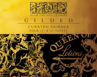 Puede incluir: Hojas de señalización decorativas en negro y dorado con una ilustración de zorro y diseños florales. El texto dice "Iron Orchid Designs Gilded Curated Signage Four 30.5cm x 40.6cm Sheets" y "Queen of the Nile Products".