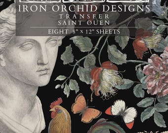 Puede incluir: Fondo negro con ilustraciones florales y de mariposas, un gallo y un busto de una estatua. El texto dice "IRON ORCHID DESIGNS TRANSFER SAINT OUEN OCHO HOJAS DE 20,3 cm x 30,5 cm".