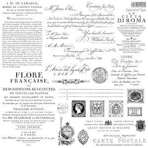 May include: A collection of black and white vintage-style ephemera featuring various historical documents, handwritten letters, postage stamps, and postal markings. The text includes excerpts from Flore Française, La Citta Di Roma, and various postal labels.