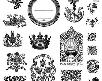 Puede incluir: Una colección de sellos de estilo vintage en blanco y negro con varias ilustraciones, incluyendo una etiqueta circular, una corona, un escudo de armas, motivos florales, un emblema de trigo con texto y un ex libris de John Henry Nash.