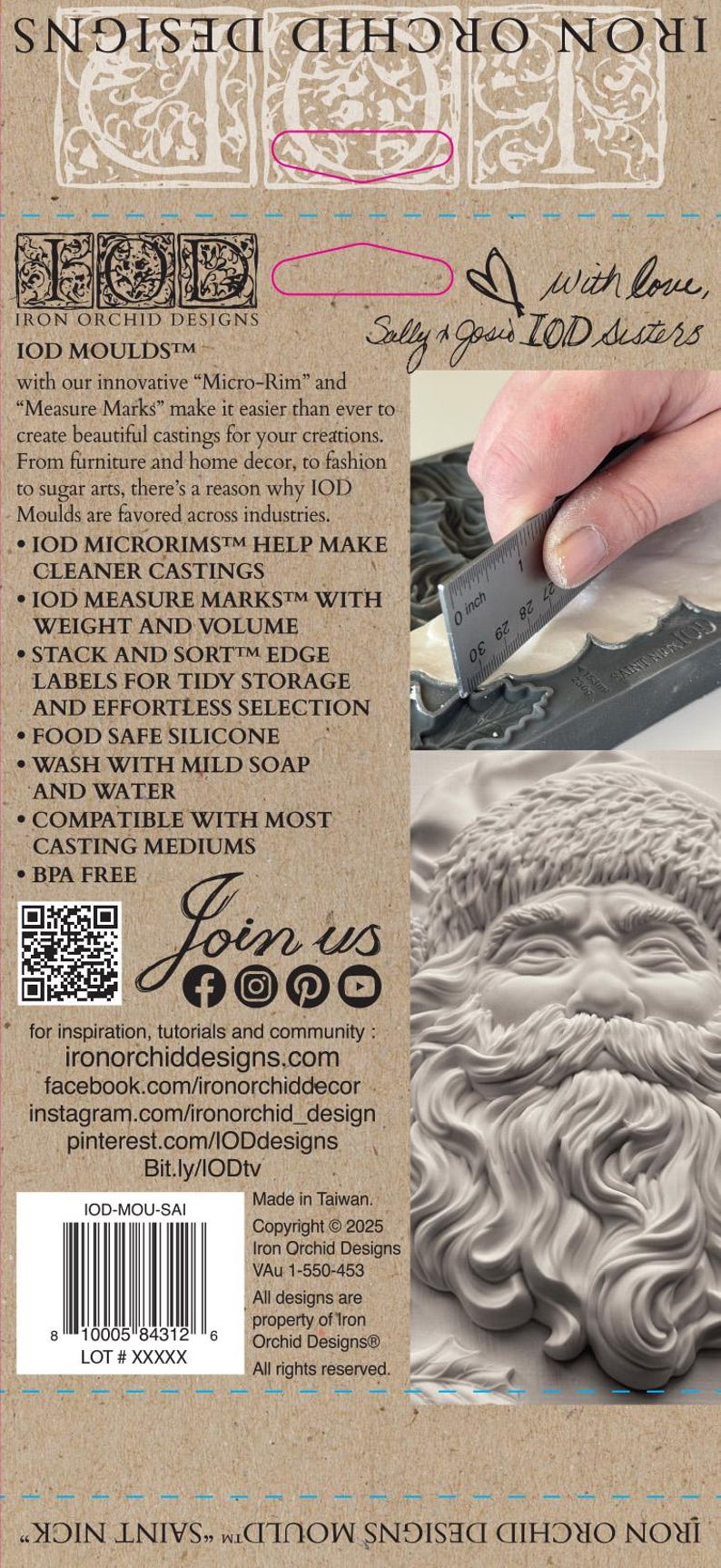 May include: A product package from Iron Orchid Designs, featuring a Santa Claus face mold. The package includes text about the product's features, such as measure marks and food-safe silicone. A ruler shows a measurement of 0 inches.
