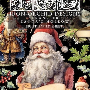 May include: A set of eight 8 inch by 12 inch transfer sheets titled Iron Orchid Designs Santa's Hollow. The black background features multiple watercolor-style illustrations of Santa Claus, holly leaves, red berries, and oak leaves with acorns.