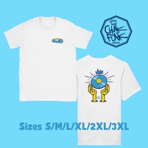 May include: White t-shirt with a blue and yellow graphic of a record on two hands with a crown on top. The back of the shirt has a small logo with the text "Chunk Funk Designs".