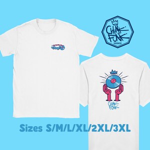 May include: White t-shirt with a blue and pink vinyl record graphic on the back and the text "Chunk Funk" in blue and pink. The front of the shirt has a smaller version of the vinyl record graphic with the text "You Can't Stop The Funk" in blue and pink.