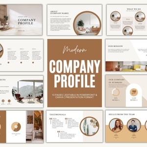 May include: A modern company profile presentation template with a brown and beige color scheme. The template includes slides for about the company, our goals, our projects, what we do, our mission, our vision, our company in numbers, testimonials, and hello from the team. The template is editable in PowerPoint and Canva.