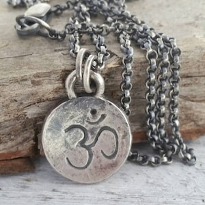 OM Necklace, OHM Pendant, Rustic Sterling Silver OM Yoga Jewelry. Custom personalized engraved charm. Unisex.
