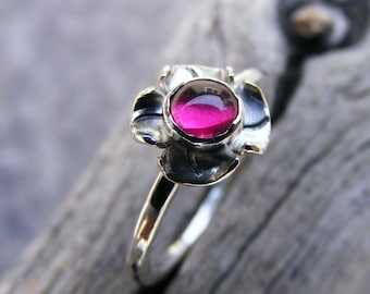 Ruby Sterling Silver Stacking Flower Blossom Ring - Birthstone Skinny Stackable Gemstone Ring