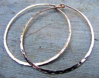 Rose Gold Hoops, Skinny, Slim, Big, Thin Hammered Hoop, Simple Light 14kt Pink Gold Filled Hoops Earring