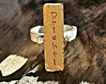 Gold Silver Mixed Metal Custom Engraved Ring, Handstamped Personalized Engraved Yoga Or Name Statement Ring, Inspirational Memory Jewelry