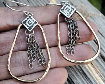 Hammered 14kt gold filled hoops with dark chain fringe, Long Dangles. Cowgirl western native American style artisan jewelry