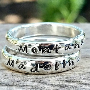 Personalized Name Stacking Ring- Custom Handstamped Engraved Word, Mother&#39;s Day Ring Gift, Memory Ring, Message Ring