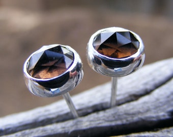 Smokey Quartz Studs - Smoky Quartz Chocolate Brown Gemstone Post Earrings - Sterling Silver Or Solid Gold Option - Handcrafted
