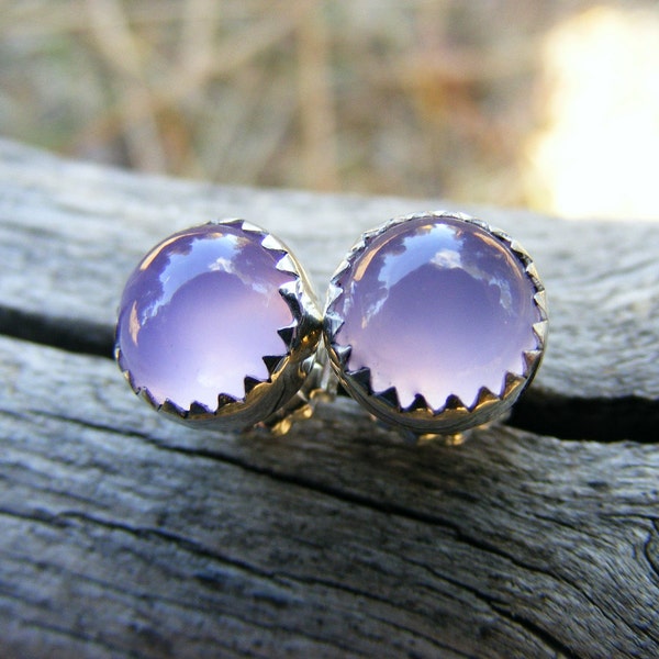 Purple Chalcedony Studs, Purple PInk Chalcedony Earrings, Large Studs, Purple Stone Earrings, Sterling Silver Serrated Bezel