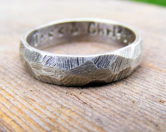 Palladium Sterling Silver Wedding Ring, Mens Textured Ring Band, Rustic Worn Organic Textured Ring Band