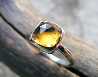 Citrine Sterling Silver Stacking Ring, Yellow Rose Cut Gemstone In A Cushion Square Cut, Available In Solid Gold Too!