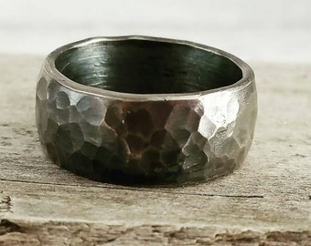 Darkened Oxidized Sterling Silver Wide Wedding Band, Gunmetal Look, Unisex Rustic Mens Or Womens Hammered Silver Ring Band