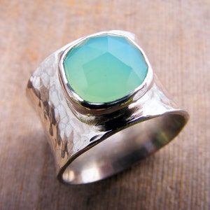 Wide Sterling Silver Aqua Chalcedony Gemstone Chunky Ring Band, Ocean Beach Sea Ring, Turquoise, Aquamarine, Cocktail Ring, Statement Ring