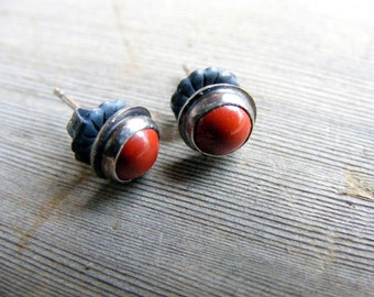 Red Studs, Red Jasper Oxidized Stud Earrings Sterling Silver Post Earrings