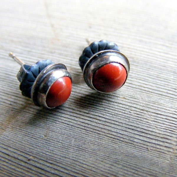 Red Studs, Red Jasper Oxidized Stud Earrings Sterling Silver Post Earrings