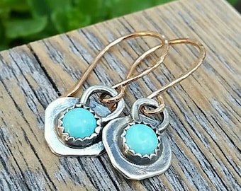 Turquoise Dangle Earrings, Sterling Silver And Gold Mixed Metal, Rustic Cowgirl Southwest Boho style Jewelry