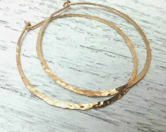 Gold Hoops, Skinny, Slim, Thin Hammered Hoop, Simple Light Everyday Wear 14kt Gold Filled Or Solid 14kt Gold Hoops- 2 Or 1.5 Inch