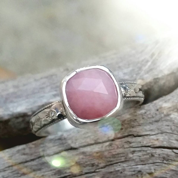 Pink Opal Ring, Sterling Silver Faceted Pink Opal Ring On A Patterned Band With A Vintage Appeal