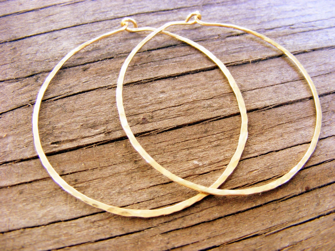 Gold Hoops Skinny Slim Thin Hammered Hoop Simple Light Etsy