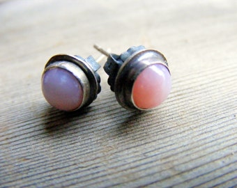 Pink Opal Stud Earrings, Pink Gemstone Sterling Silver Oxidized Studs, Peruvian Opal Gemstones 6mm Set In A Rustic Oxidized Handmade Bezel