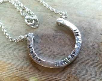 Horseshoe Sterling Silver Necklace - Custom Engraved Personalized Mothers Necklace - Good Luck Cowgirl Statement, Childrens Name Pendant