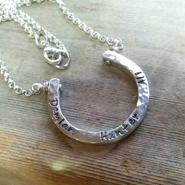 Horseshoe Sterling Silver Necklace - Custom Engraved Personalized Mothers Necklace - Good Luck Cowgirl Statement, Childrens Name Pendant