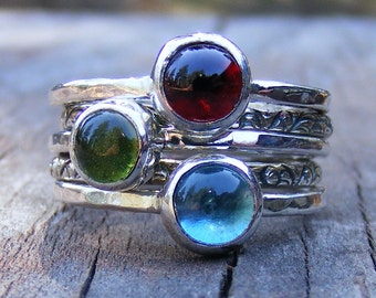 Mothers Birthstone Stacking Rings - Garnet, London Blue Topaz And Peridot Gemstones In Recycled Sterling Silver -  Mother's Day Gift Ring