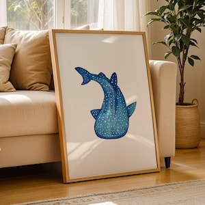 Impresión de tiburón ballena azul blanco, decoración minimalista para el hogar costero, póster imprimible del océano, arte de pared moderno, pintura de animales marinos, guardería náutica