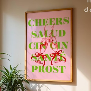 Proost Salud Cin Cin-print, barwagen wanddecoratie, trendy handgetekende poster, afdrukbare retro keuken muurkunst, kleurrijk drankje, roze doodle kunst