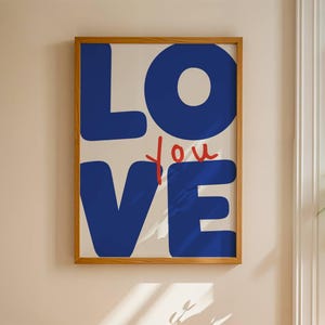「Love You」ウォールアート、トレンディなレトロな青と赤のプリント、ボヘミアン風の美しいリビングルームポスター、キュートなアパートの装飾、寝室の上、デジタルダウンロード